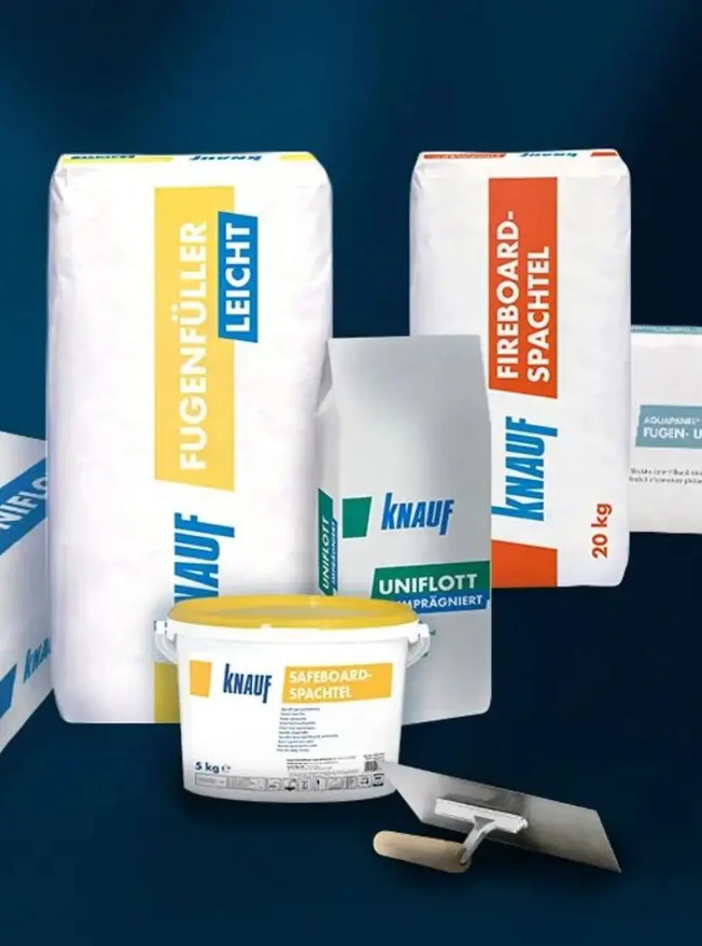Produkte Knauf: Fugenfüller Leicht, Fireboard-Spachtel dhe Uniflott